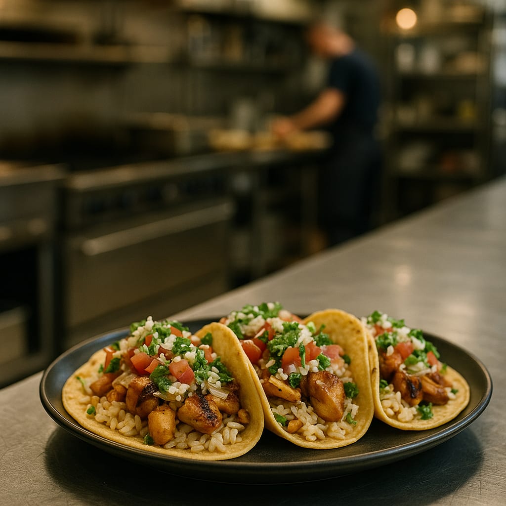 Chipotle Lime Chicken Tacos — corn tortillas, rice, tomatoes, and cilantro