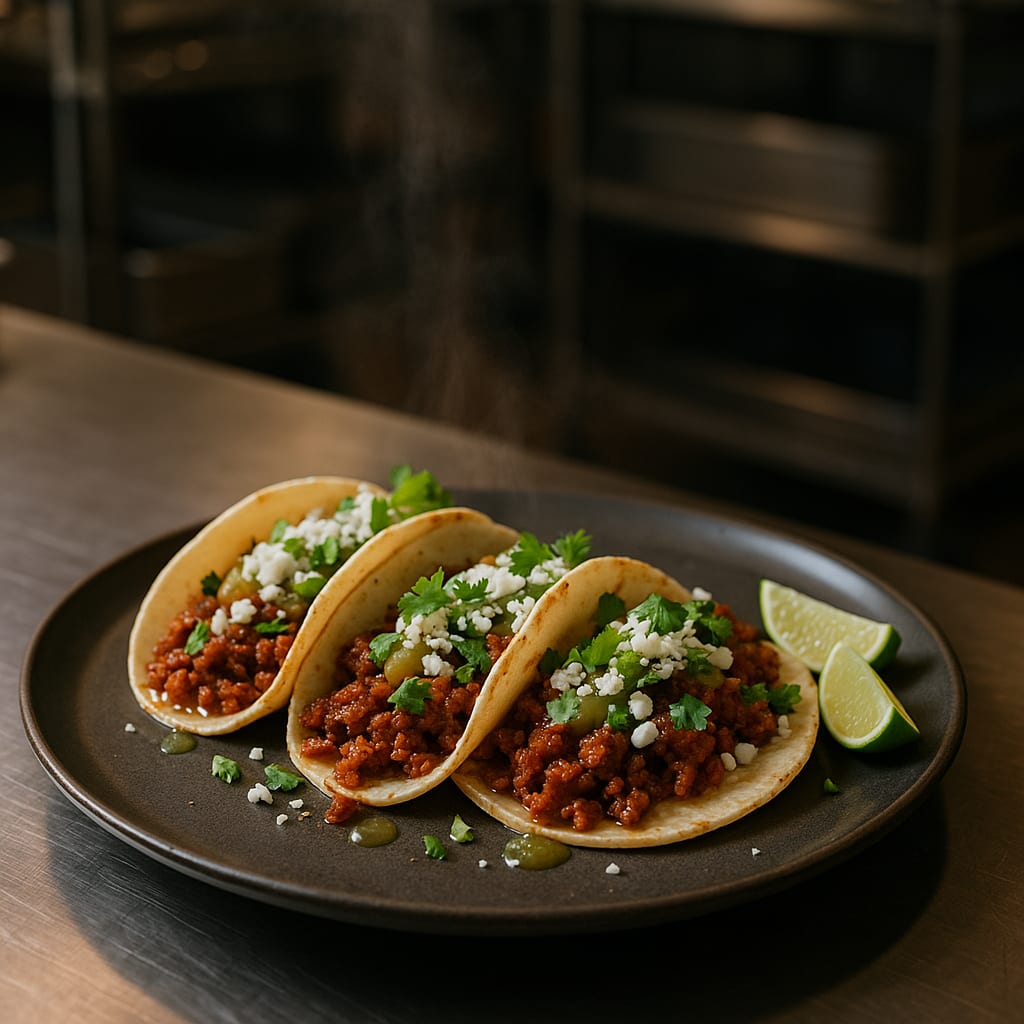 Chorizo Breakfast Tacos — fresh mexican chorizo, 6-inch corn tortillas, cotija cheese, fresh cilantro, white onion, salsa verde, and lime wedges