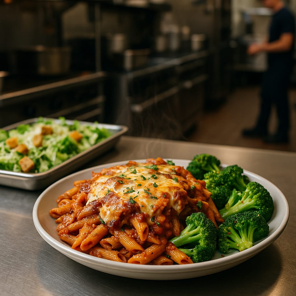 Protein Pasta Bake — whole-wheat penne, marinara sauce, part-skim mozzarella, and broccoli