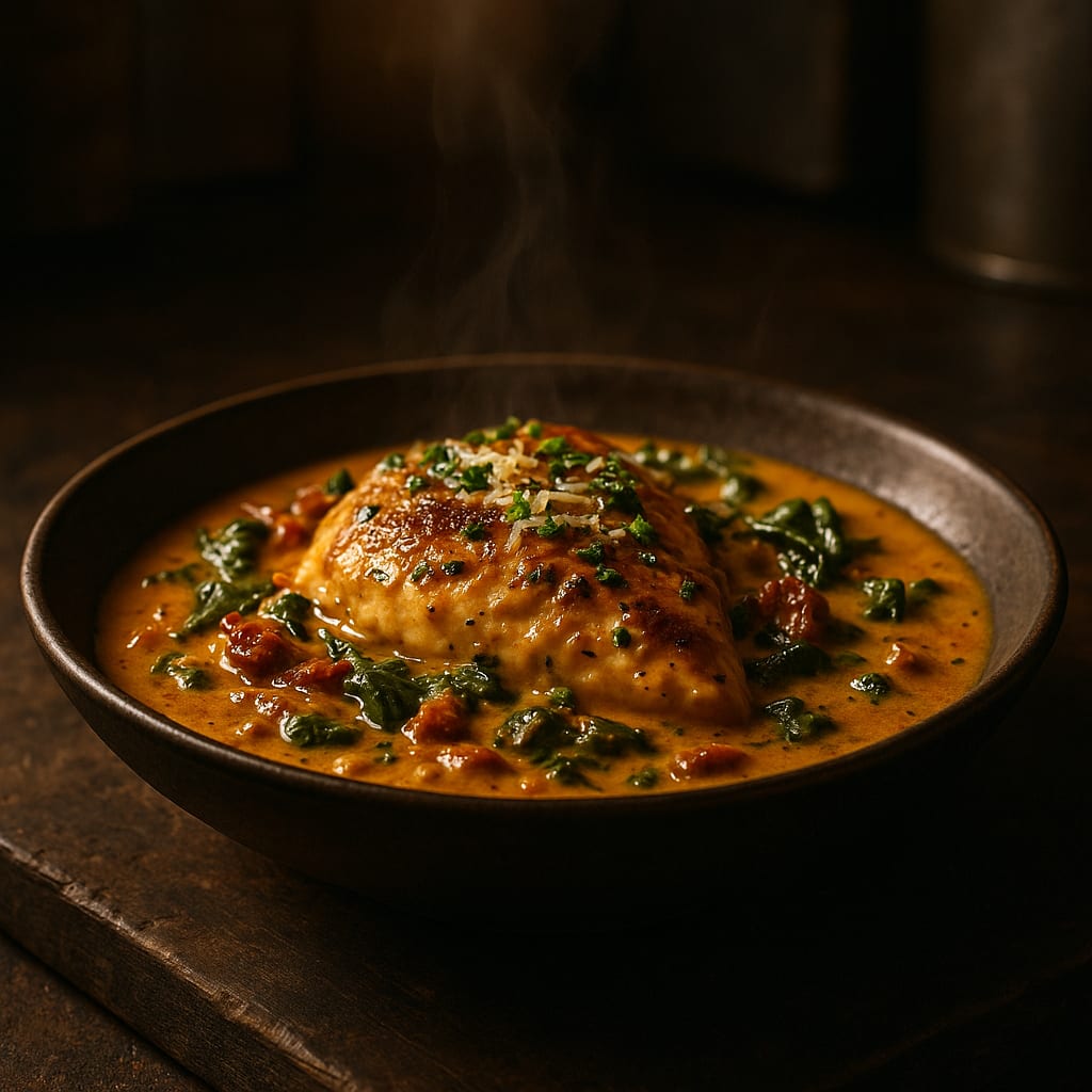 Tuscan Chicken — boneless chicken breast, sun-dried tomatoes, fresh spinach, heavy cream, and parmesan