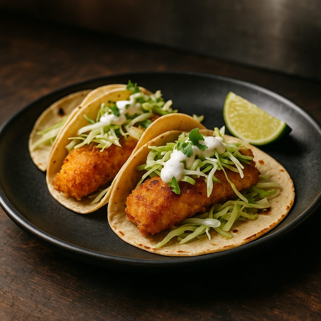 Fish Tacos — cod fillets, green cabbage, corn tortillas, and lime crema