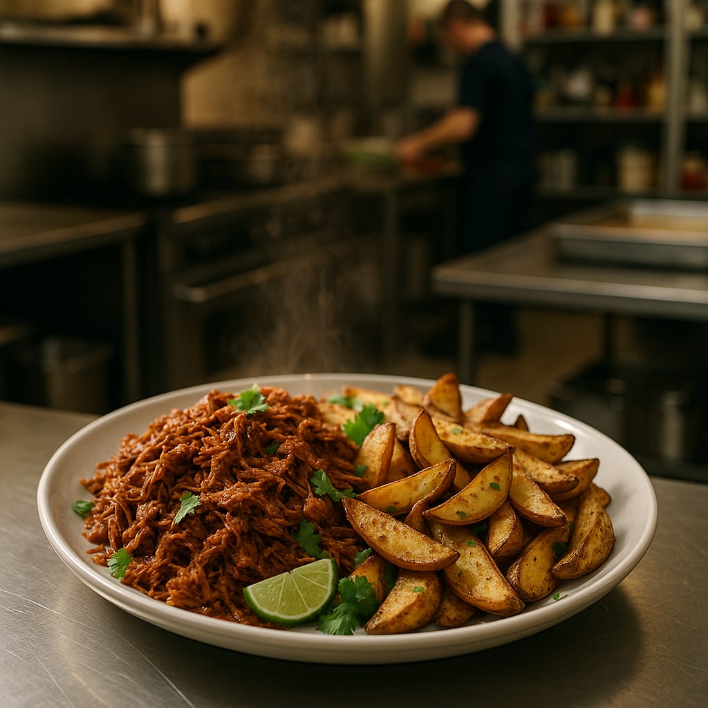 Barbacoa Chicken — shredded chicken, potato wedges, lime wedges, and cilantro