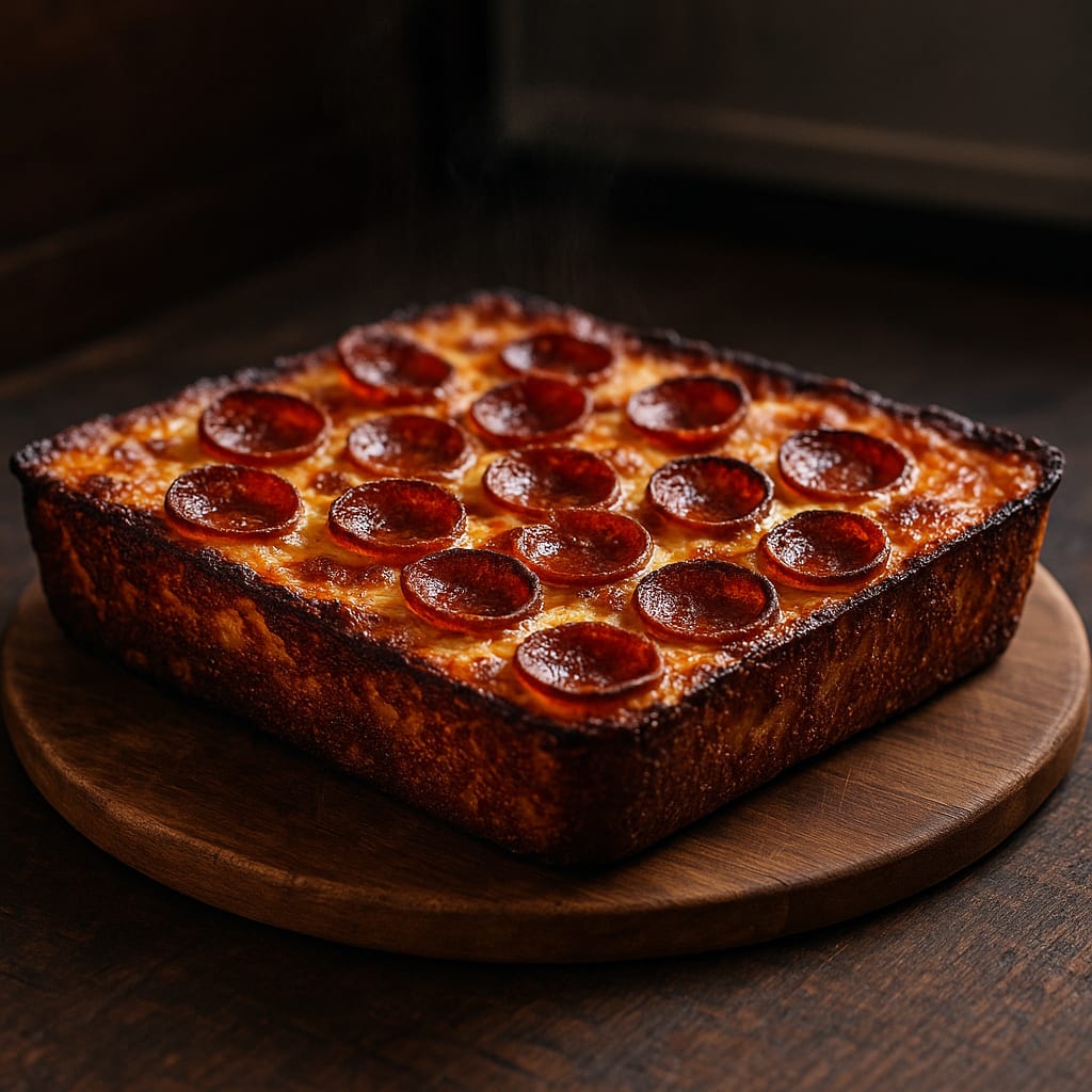 Detroit-Style Pepperoni Pizza — brick cheese and cup-and-char pepperoni