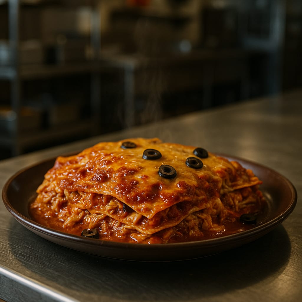 Chicken Enchilada Casserole — stacked tortillas, melted cheese