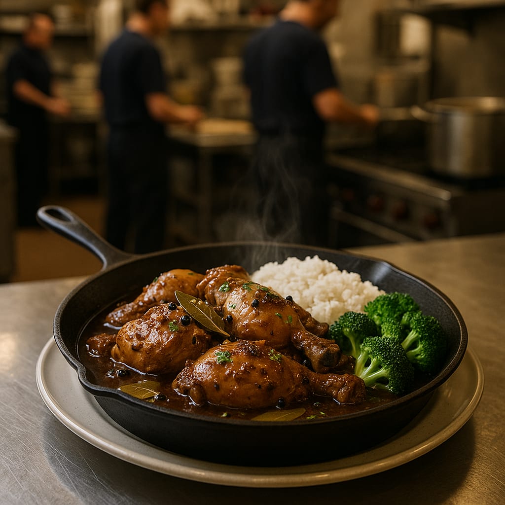 Filipino-Style Chicken Adobo — bay leaves, rice, and broccoli