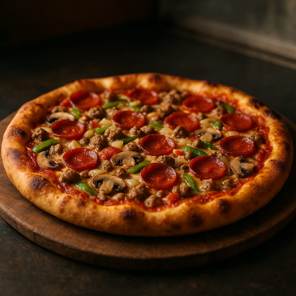 Firehall Supreme Pizza — pizza dough, pizza sauce, mozzarella, pepperoni, italian sausage, bell peppers, yellow onion, and mushrooms