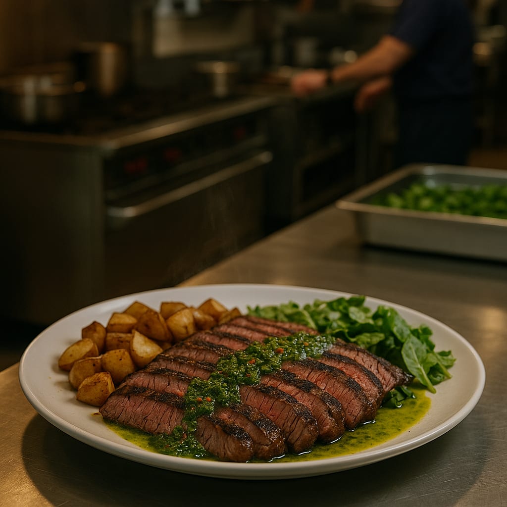 Flank Steak with Chimichurri — roasted potatoes and greens