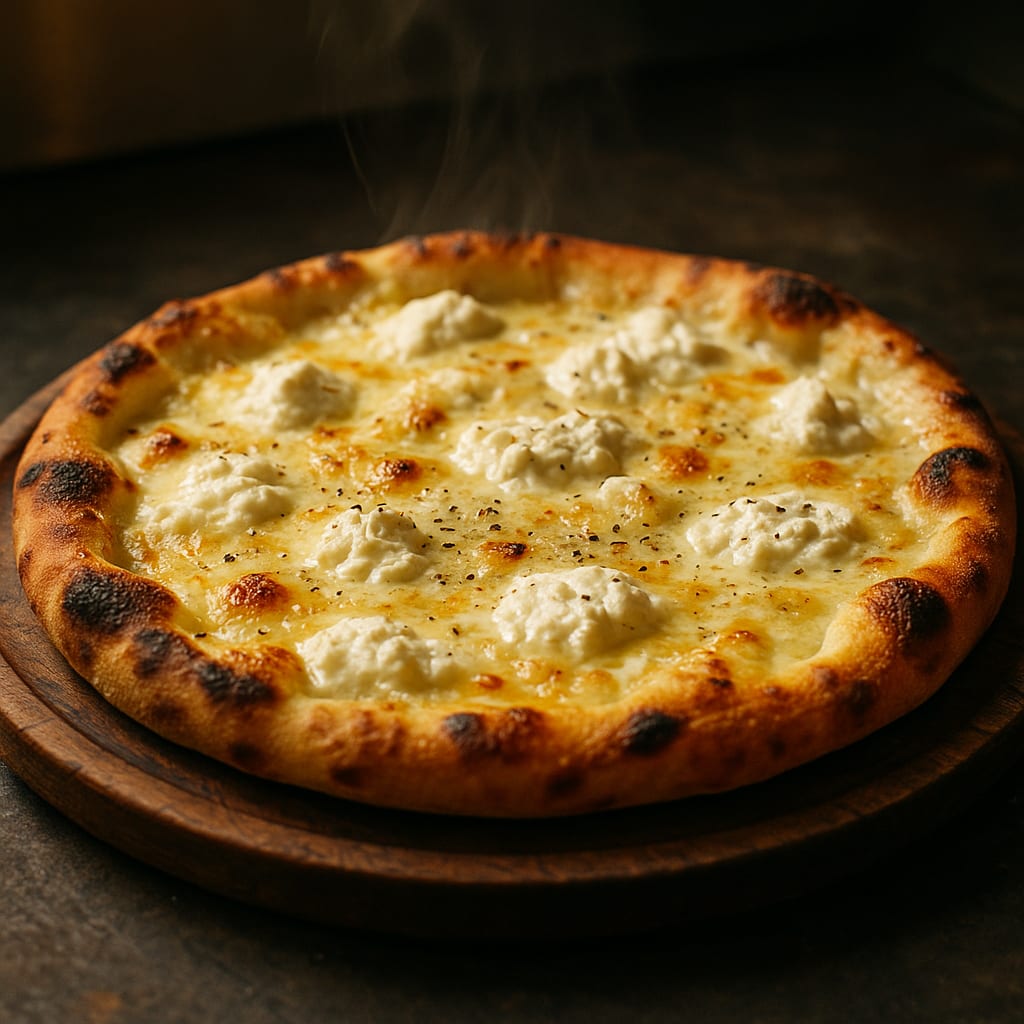 Four-Cheese White Pizza — pizza dough, ricotta, mozzarella, parmesan, fontina, and black pepper