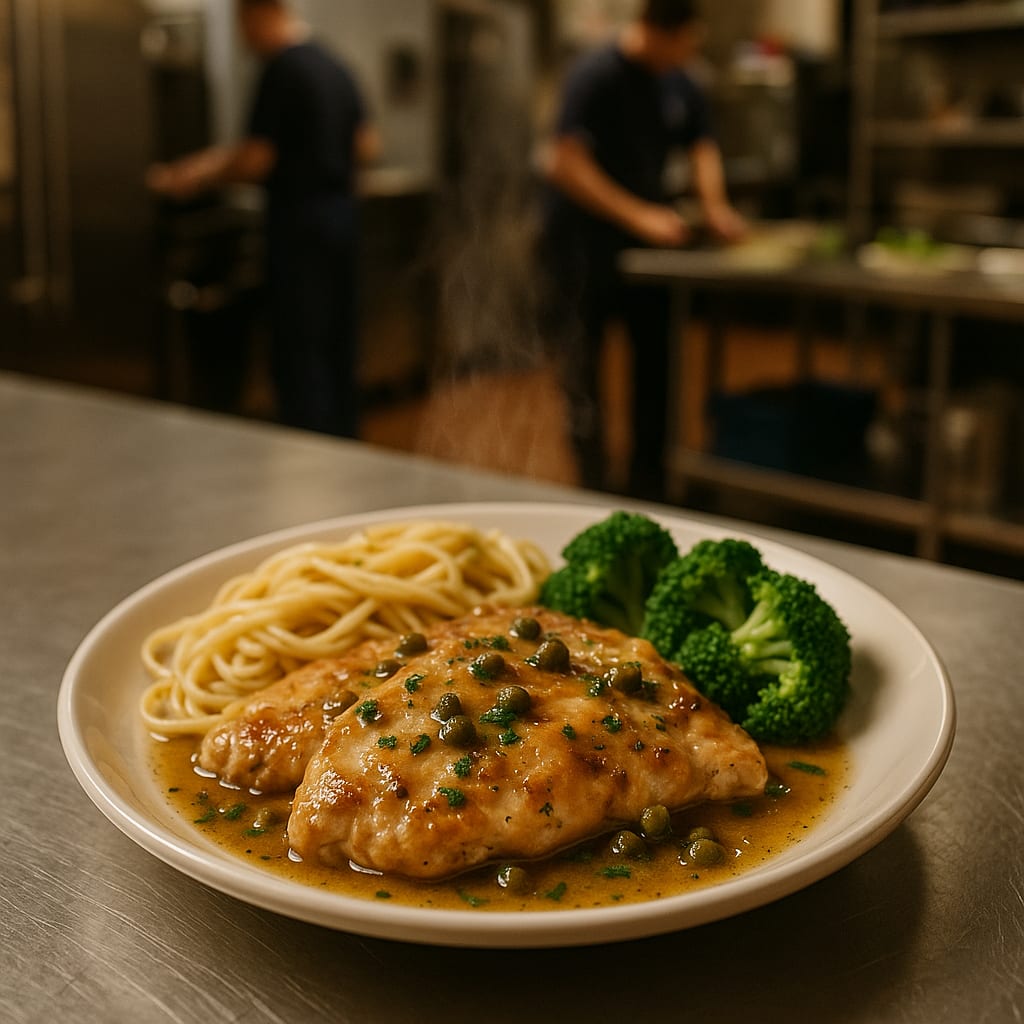 Four-Step Chicken Piccata — chicken cutlets, capers, sauce, spaghetti, and broccoli