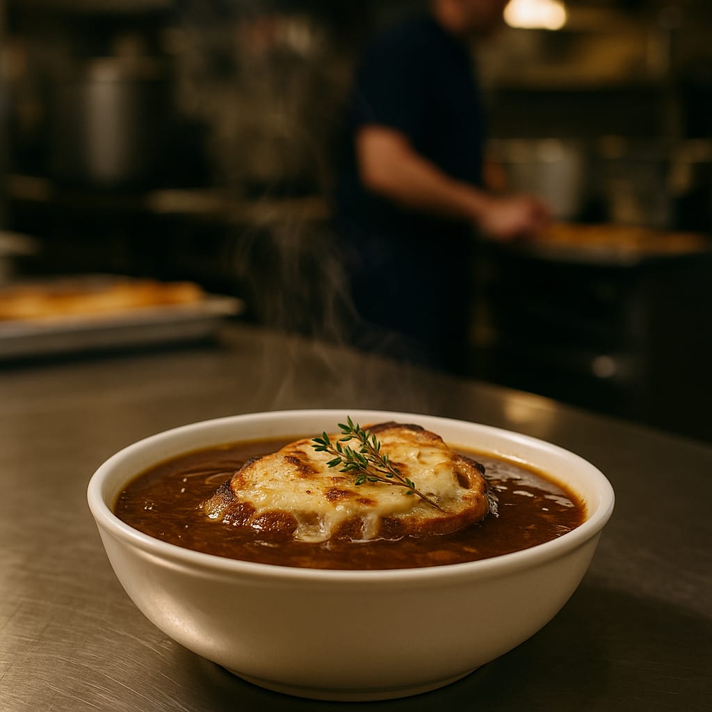 French Onion Soup for the Hall — yellow onions, gruyère cheese, baguette, and fresh thyme
