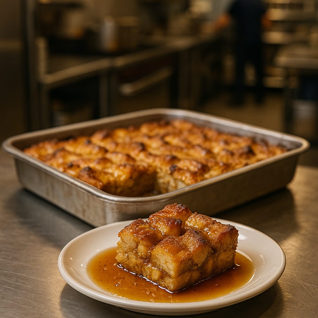 French Toast Casserole — baked golden French toast casserole, cut into squares, served with maple syrup