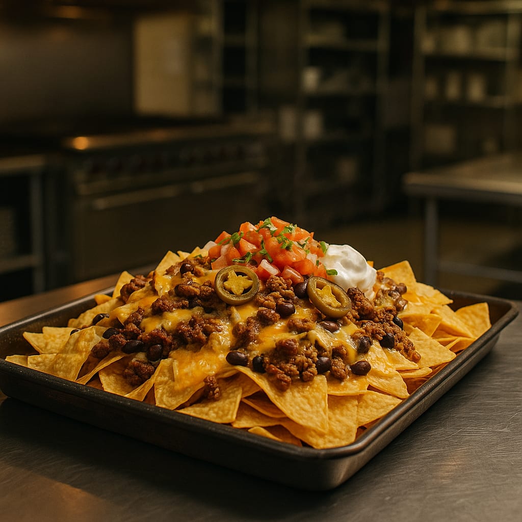 Game Day Nachos — tortilla chips, ground beef, shredded cheese, black beans, pickled jalapeños, pico de gallo, and sour cream