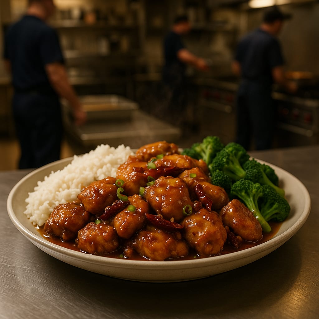 General Tso's-Style Baked Chicken — dried red chilies, scallions, broccoli, and rice