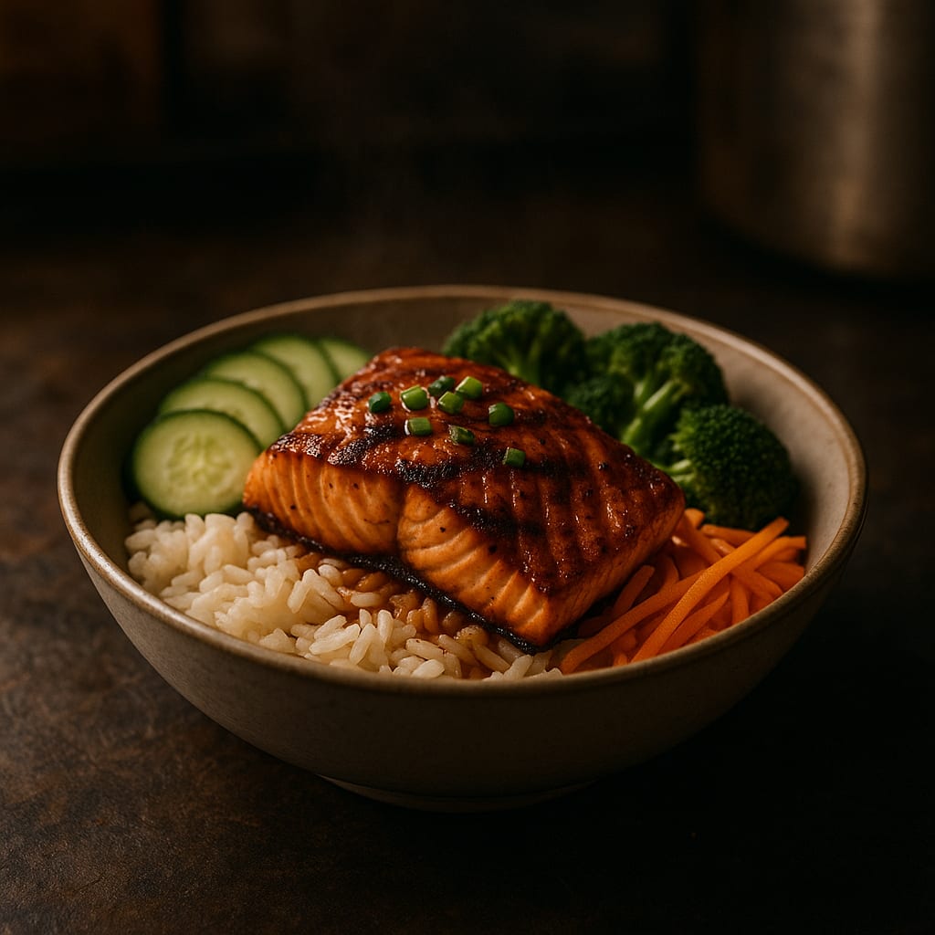 Ginger Salmon Rice Bowls — broccoli, cucumber, and carrot