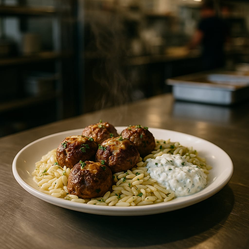 Greek Beef Meatballs (Keftedes) with Lemon Orzo & Tzatziki
