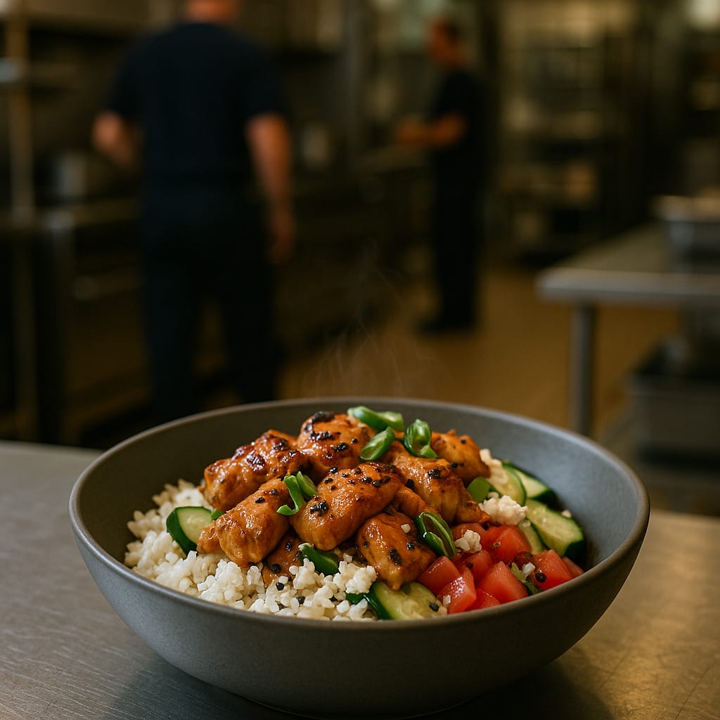 Greek Chicken Bowls — basmati rice, cherry tomatoes, cucumber, and feta cheese