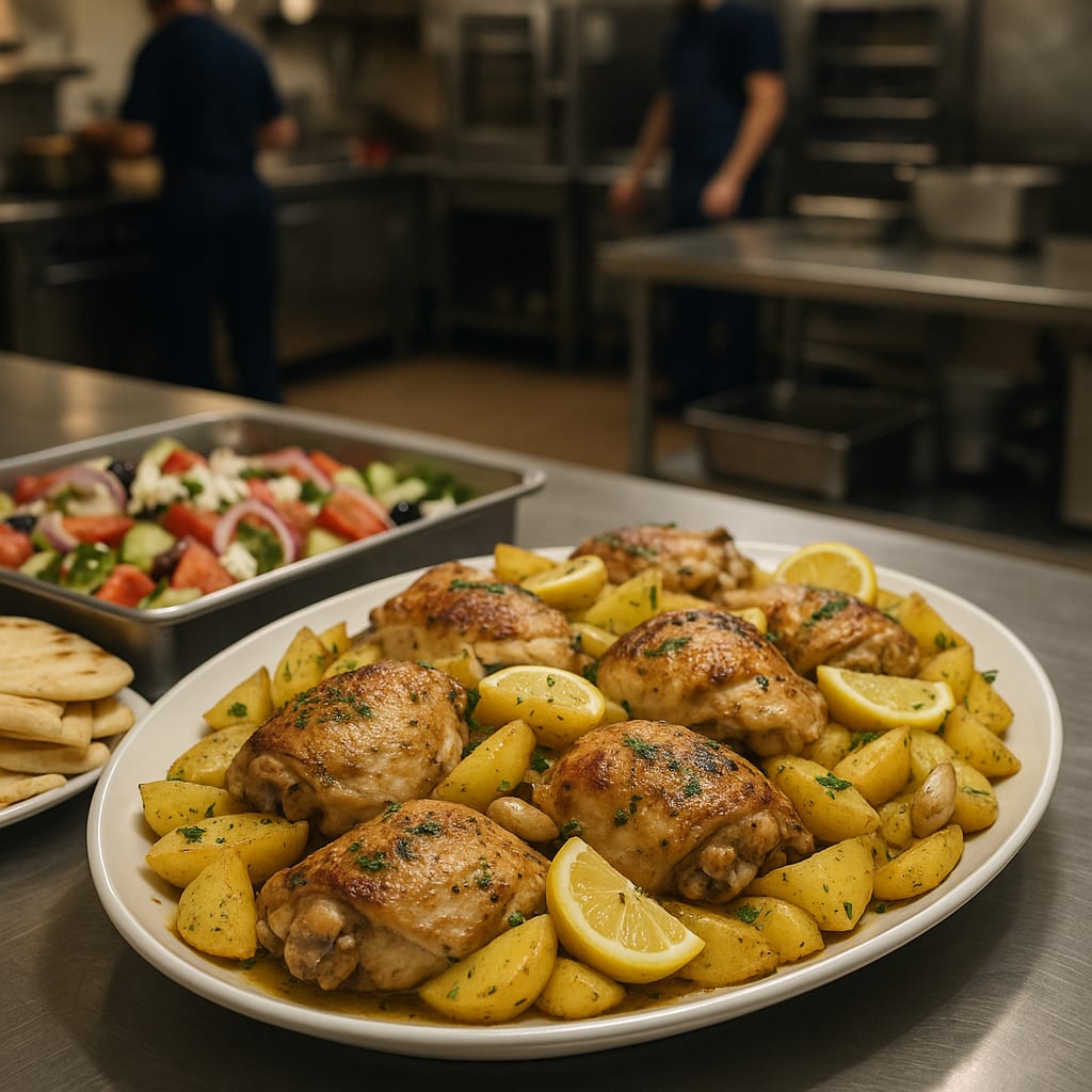 Lemon Chicken and Potatoes — bone-in chicken thighs, Yukon gold potatoes, lemon wedges, garlic cloves, and fresh parsley