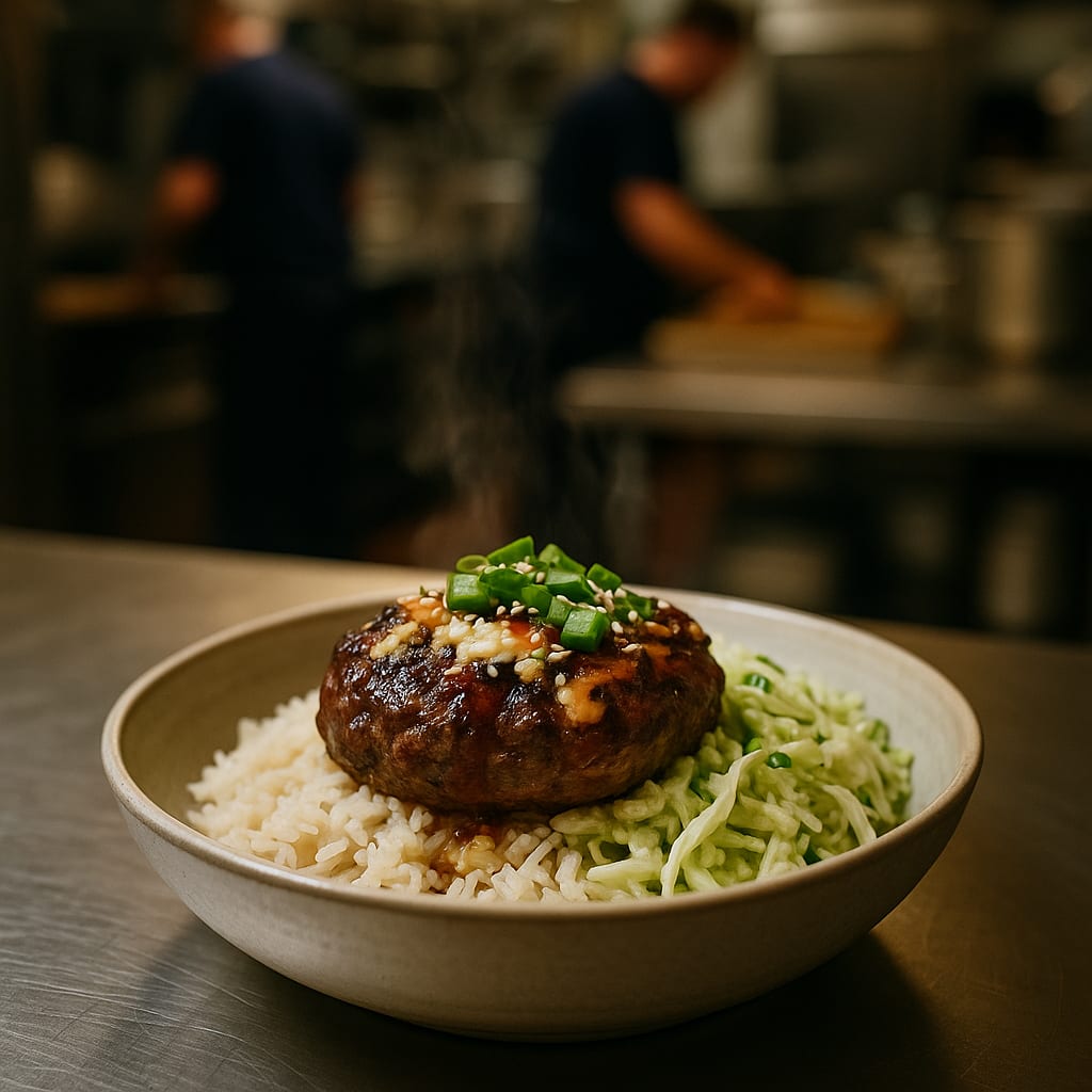Greek-Spiced Beef Burger Bowls with Tzatziki Slaw — beef patty, rice, cabbage slaw, green onions, and sesame seeds