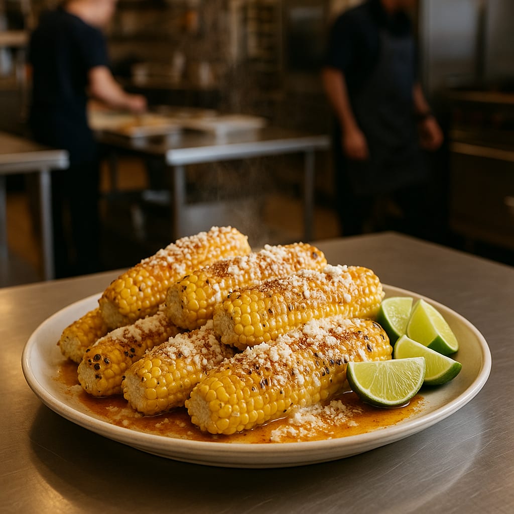 Street Corn with Cotija — corn on the cob, cotija cheese, chili powder, and fresh lime