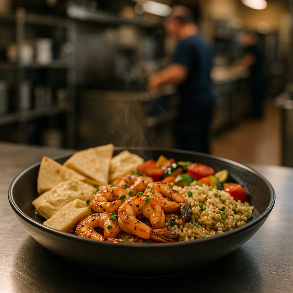 Shrimp and Quinoa Bowls — zucchini, cherry tomatoes, and flatbread