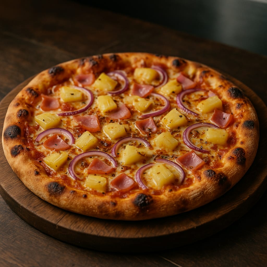 Hawaiian Pizza — pizza dough, pizza sauce, mozzarella, diced ham, pineapple tidbits, red onion, and dried oregano
