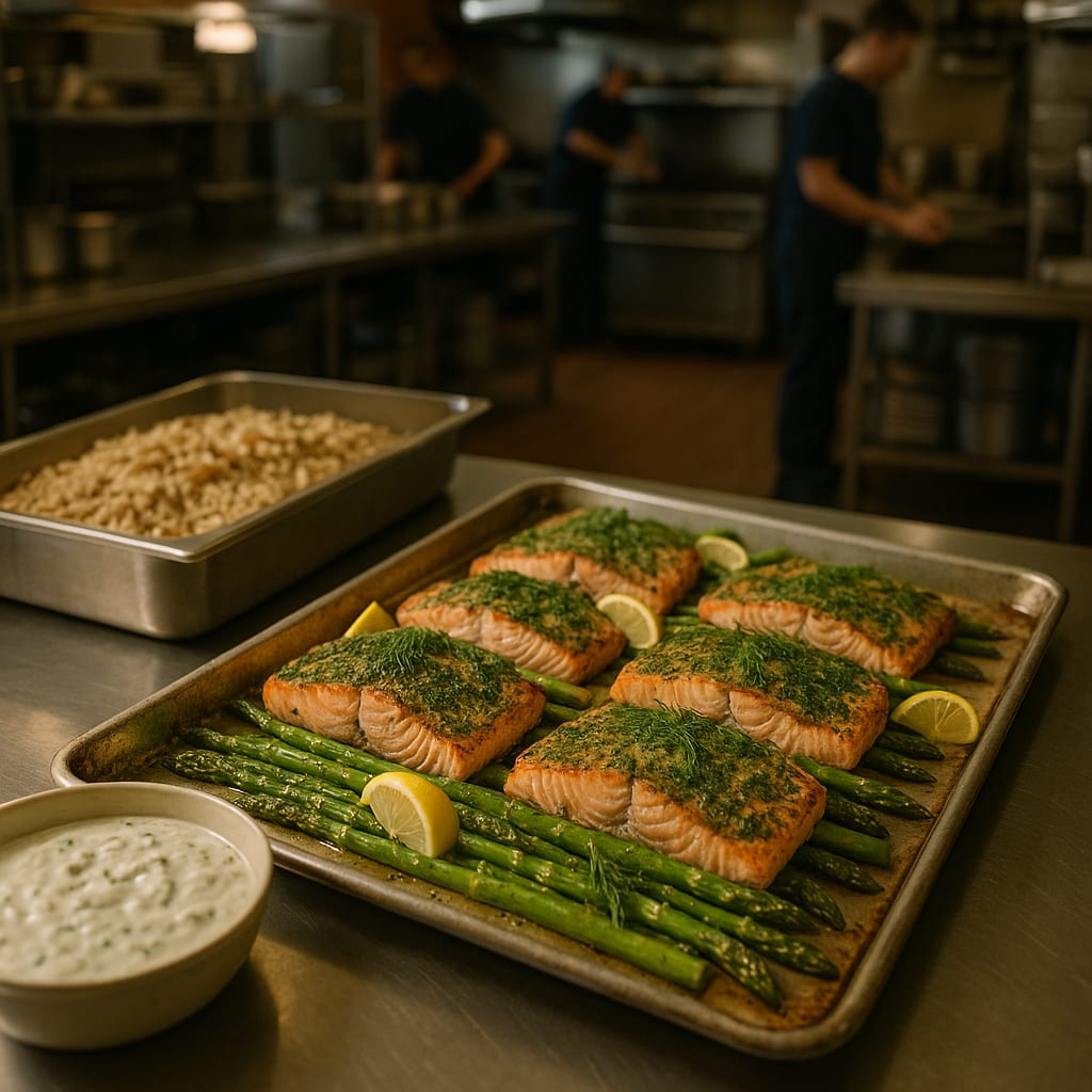 Baked Salmon Tray — salmon fillets, asparagus spears, fresh dill, and lemon slices