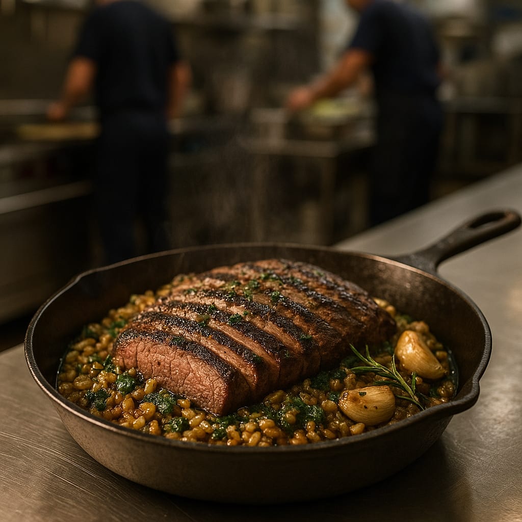Herb-Marinated Flank Steak with Chimichurri Farro — garlic cloves and fresh rosemary