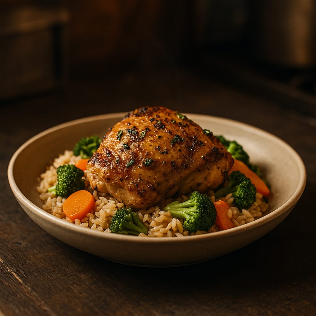 Herb Roasted Chicken Thighs — broccoli, carrots, and rice