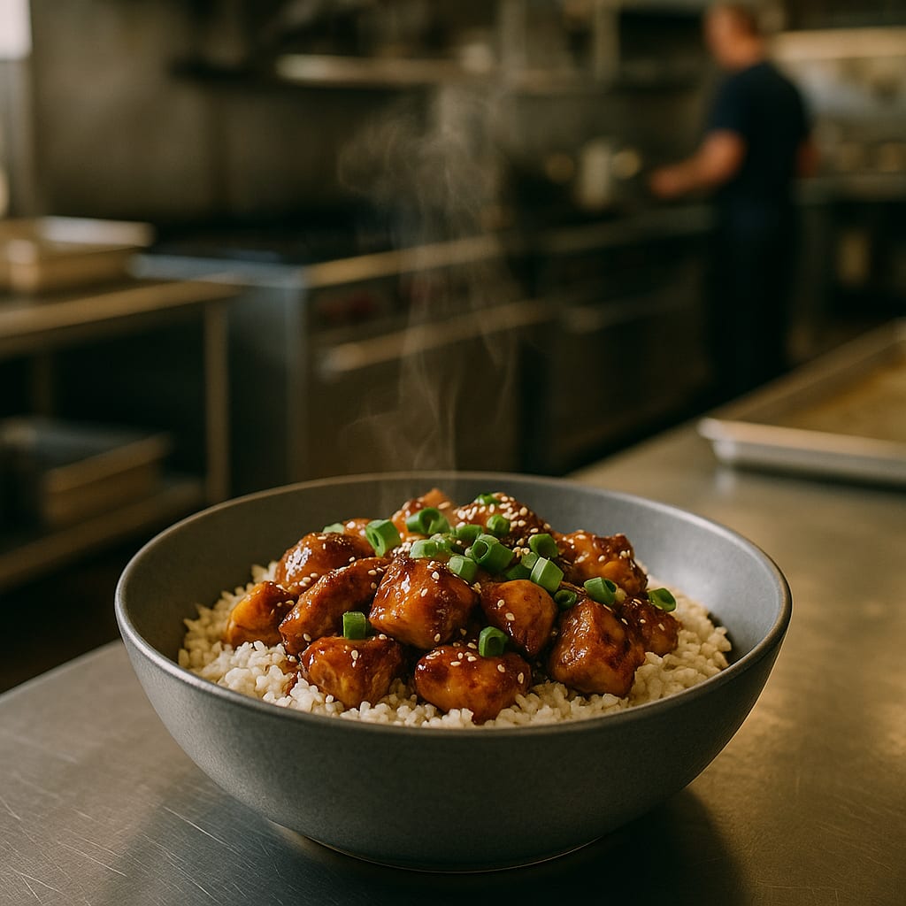 Honey Garlic Chicken Bowls — boneless chicken thighs, jasmine rice, green onions, and toasted sesame seeds