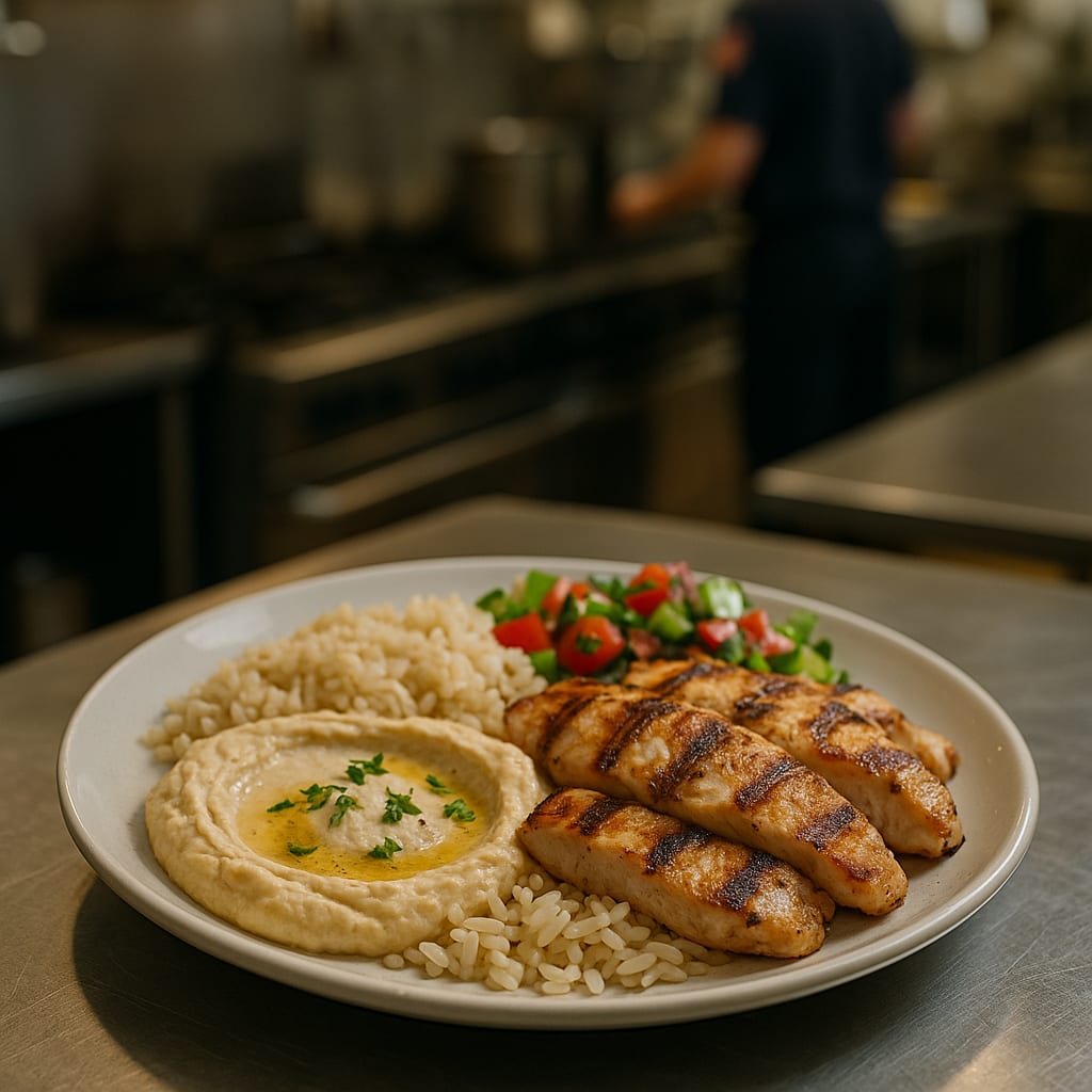 Hummus Chicken Platter — grilled chicken, diced cucumber, cherry tomatoes, and rice