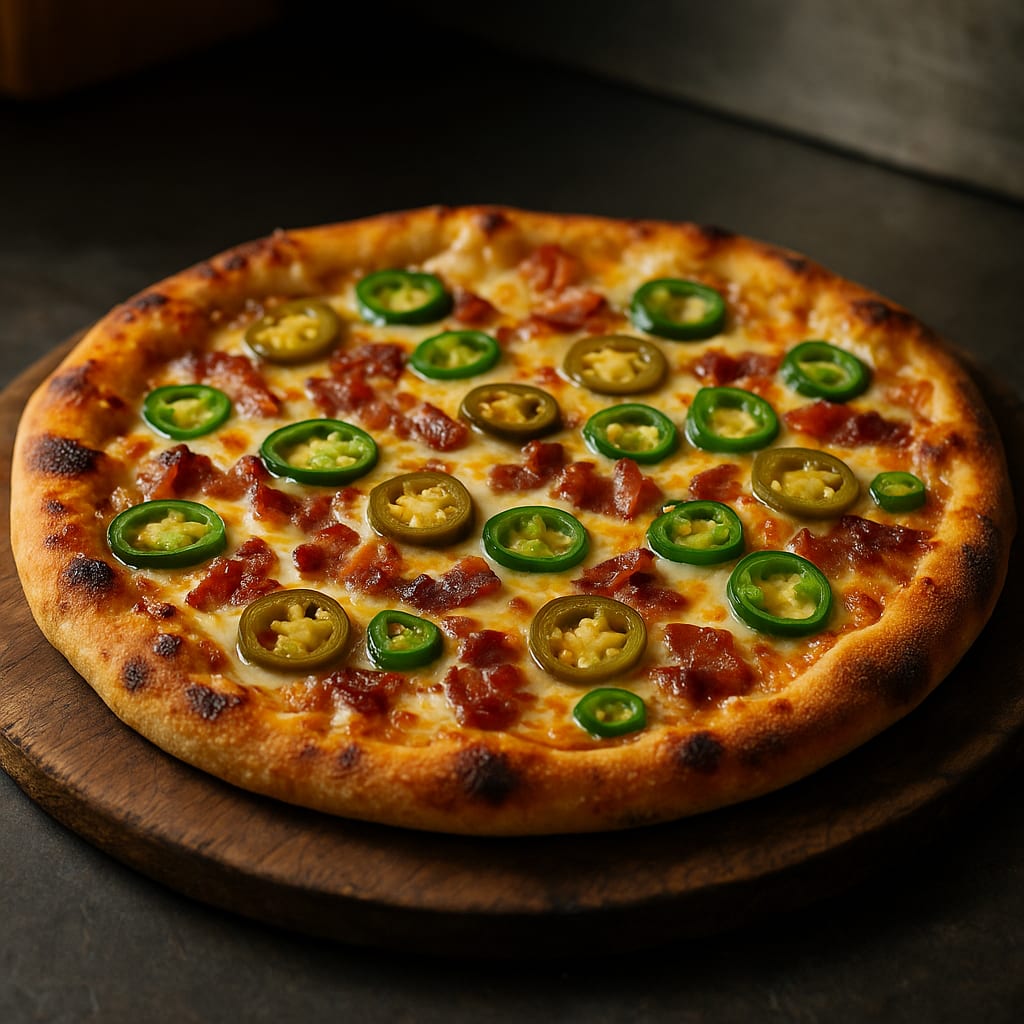 Jalapeño Popper Pizza — pizza dough, cream cheese, mozzarella, cheddar, bacon, pickled jalapeños, and fresh jalapeños