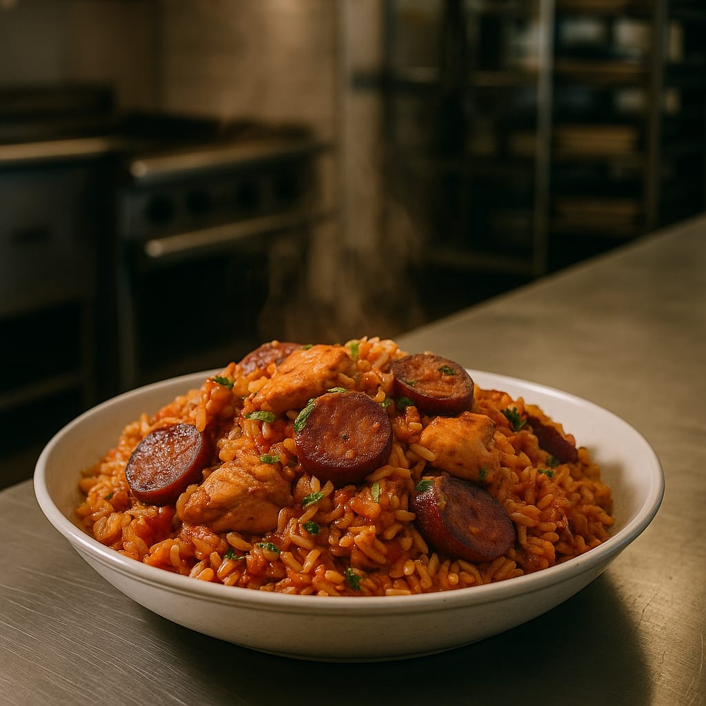 Jambalaya — andouille sausage, boneless chicken thighs, long-grain rice, and crushed tomatoes