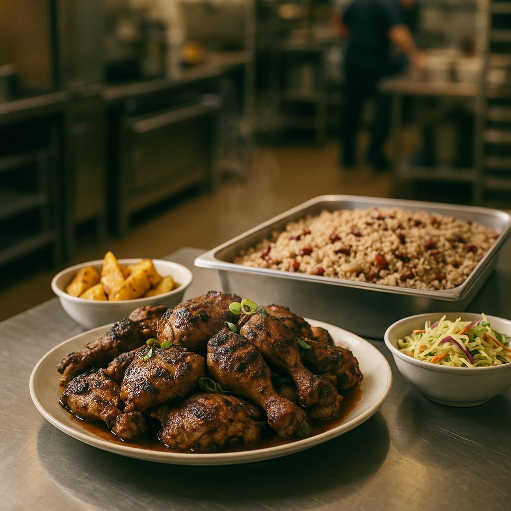 Jerk Chicken & Rice and Peas — chicken thighs, kidney beans, pineapple, and coleslaw