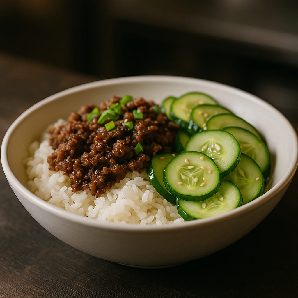 Beef Rice Bowls — lean ground beef, jasmine rice, cucumber, green onions, and sesame seeds