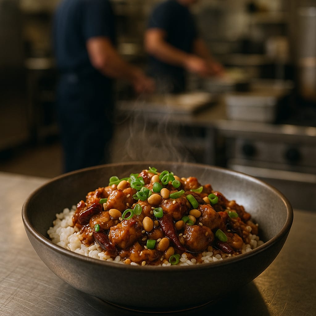 Kung Pao Chicken & Rice Bowls — dried red chilies, peanuts, and scallions