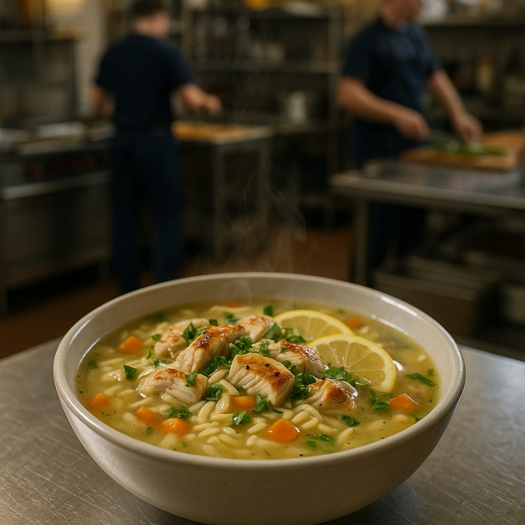 Lemon Chicken Orzo Soup — carrots, celery, lemon slices, broth, and dill