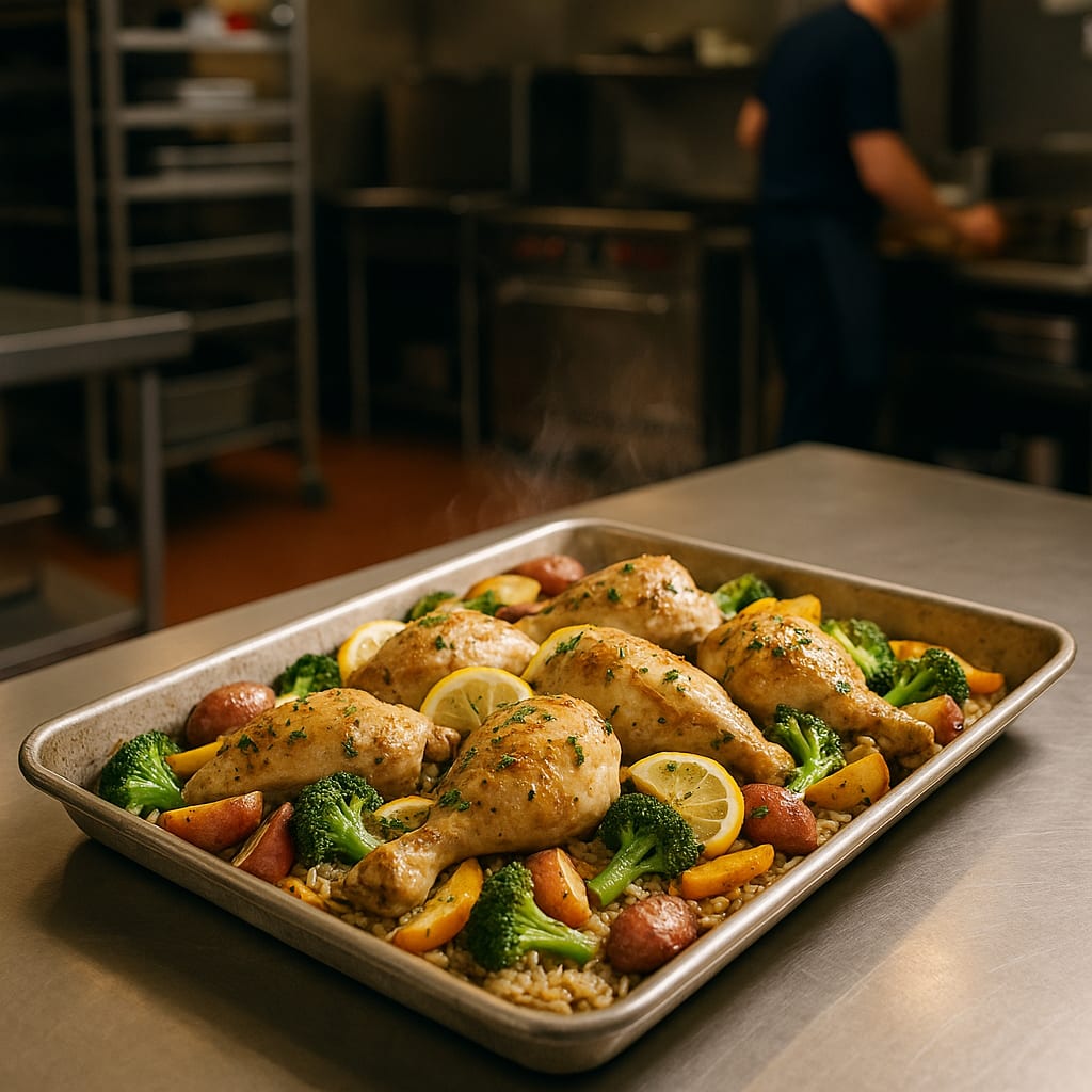 Lemon garlic chicken thighs with roasted broccoli and baby potatoes