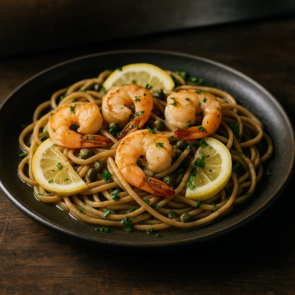 Lemon Garlic Shrimp Pasta — whole-wheat linguine, lemon slices, capers, and parsley