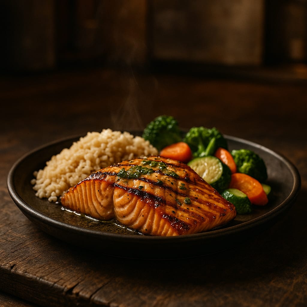 Lemon Herb Salmon — salmon fillet, broccoli, carrots, zucchini, and rice