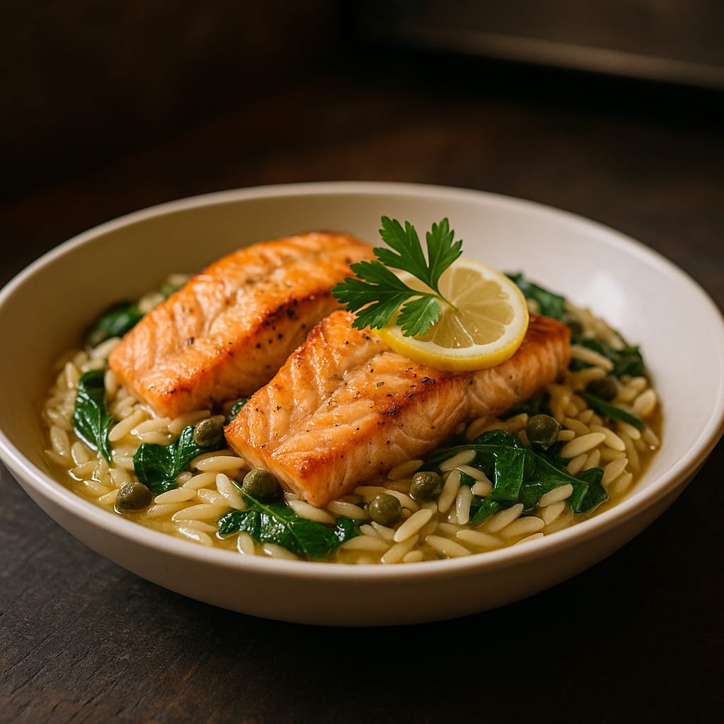 Lemon Salmon Orzo — salmon fillets, orzo pasta, spinach, and capers
