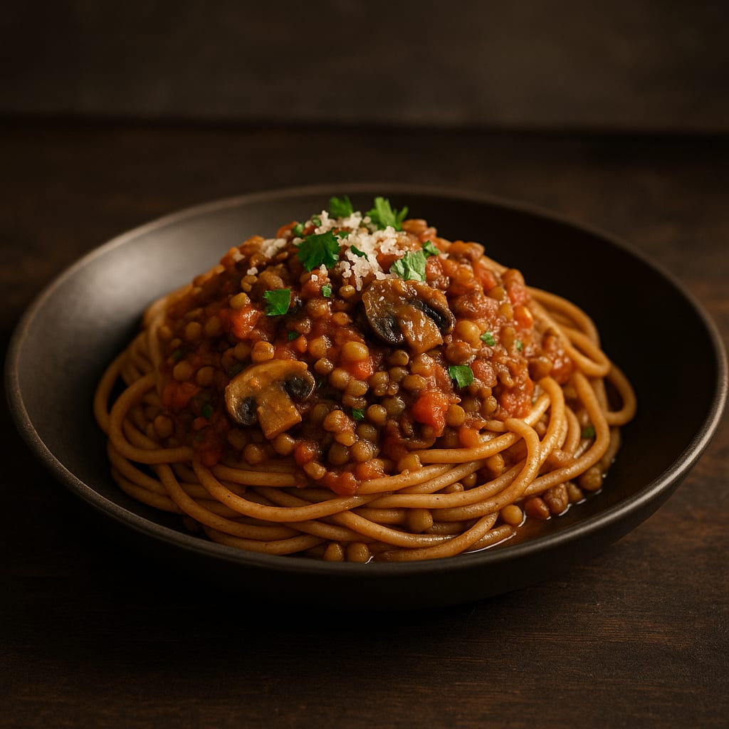 Lentil Bolognese — green lentils, cremini mushrooms, whole-wheat spaghetti, crushed tomatoes, and parsley