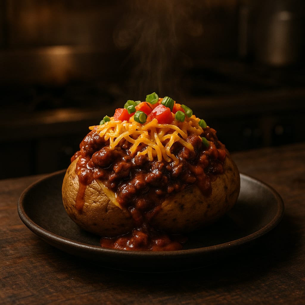 Baked Potato Bar — russet potato, shredded sharp cheddar, chili, and green onions