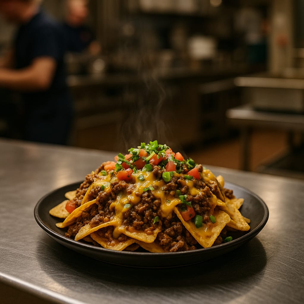 Nacho Skillet — ground beef, tortilla chips, shredded cheddar, diced tomatoes, and jalapeños