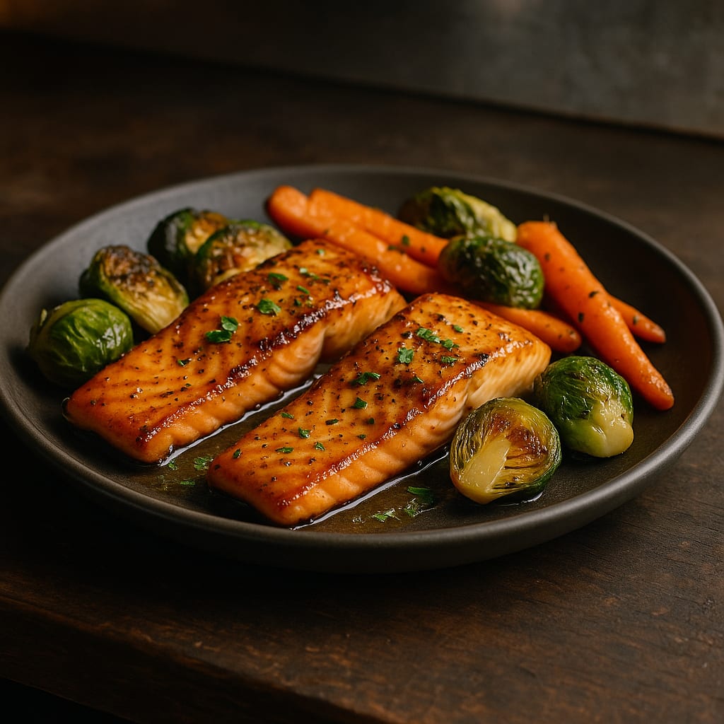 Maple Mustard Salmon Tray — salmon fillets, brussels sprouts, and carrots