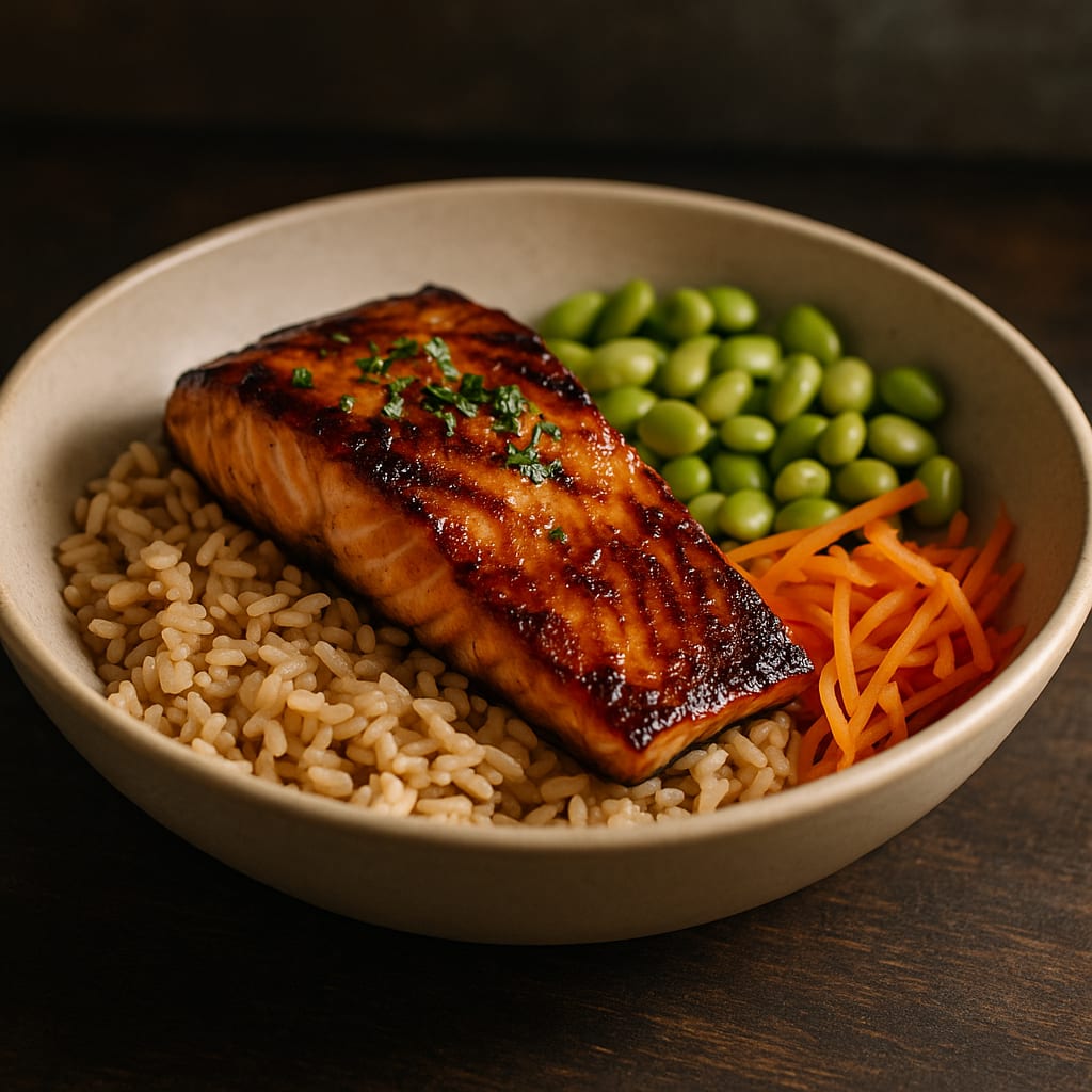 Maple Soy Salmon Bowls — salmon fillet, brown rice, edamame, shredded carrot, and green onions