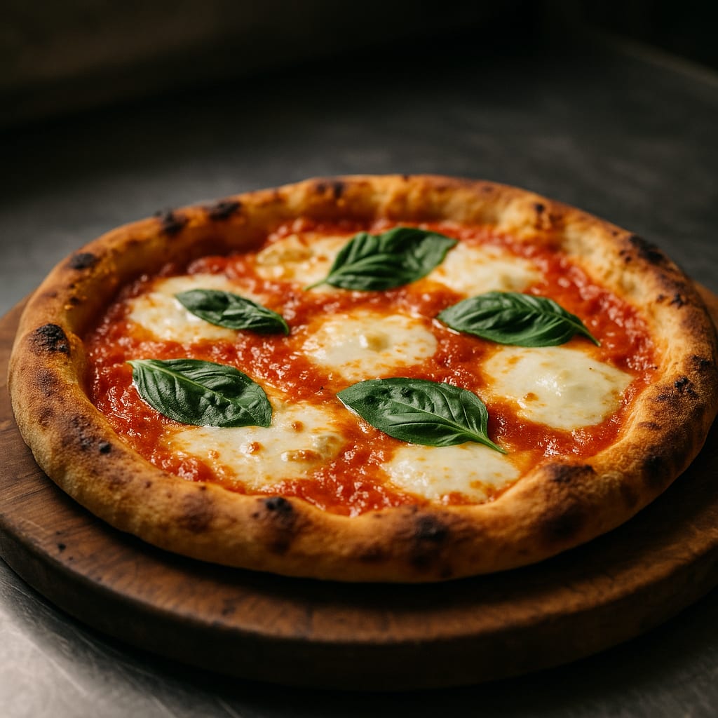 Fresh Margherita Pizza — crust, san marzano crushed tomatoes, fresh mozzarella, and fresh basil leaves
