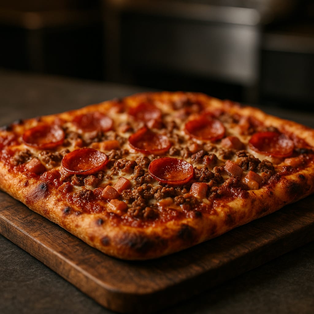 Meat Lover's Sheet Pan Pizza — pizza dough, pizza sauce, mozzarella, pepperoni, ground beef, and canadian bacon