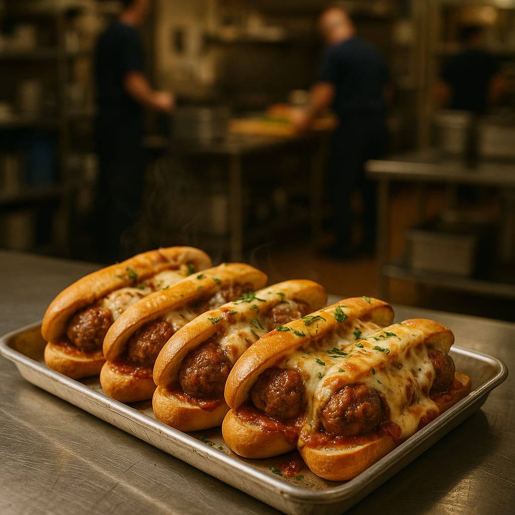 Meatball Hoagies — hoagie rolls, provolone cheese, and marinara sauce