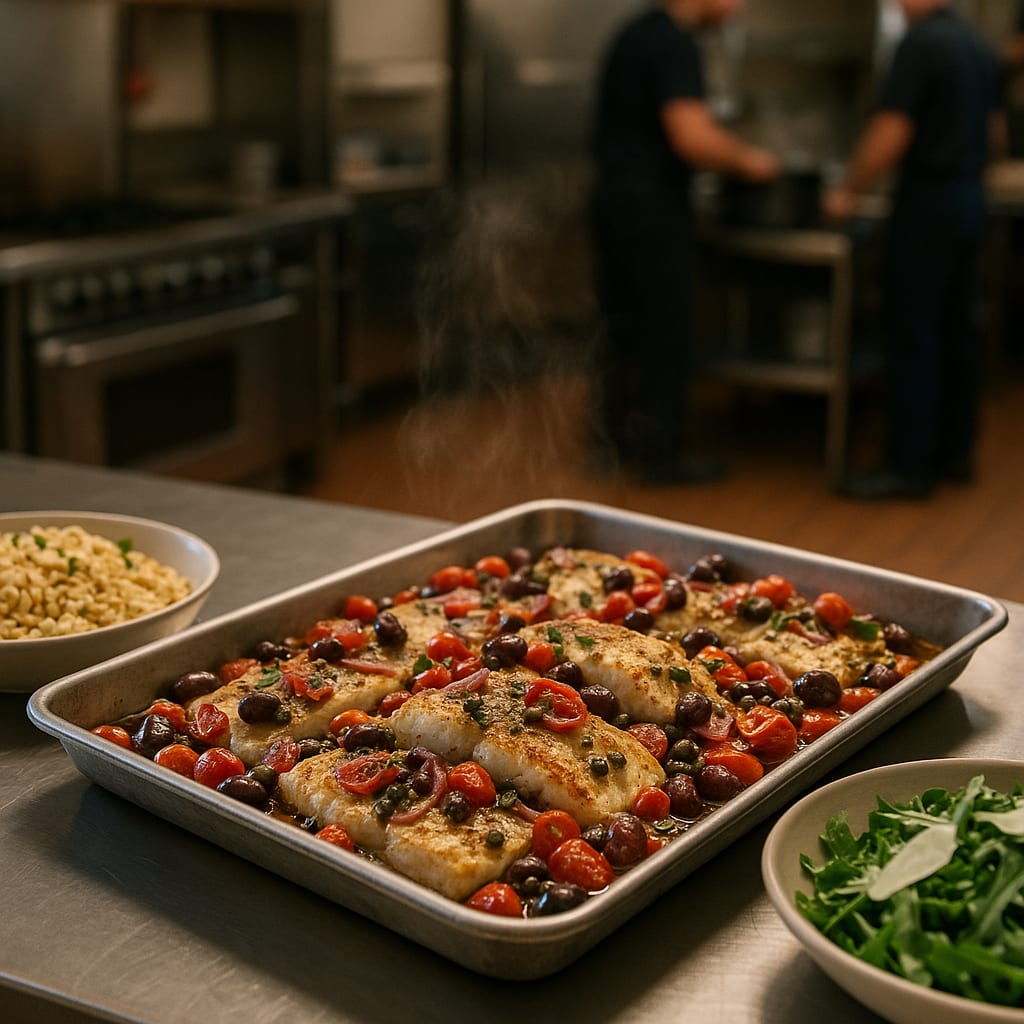 Baked Cod Tray — cod fillets, cherry tomatoes, Kalamata olives, capers, garlic cloves, red onion, lemon, and fresh parsley