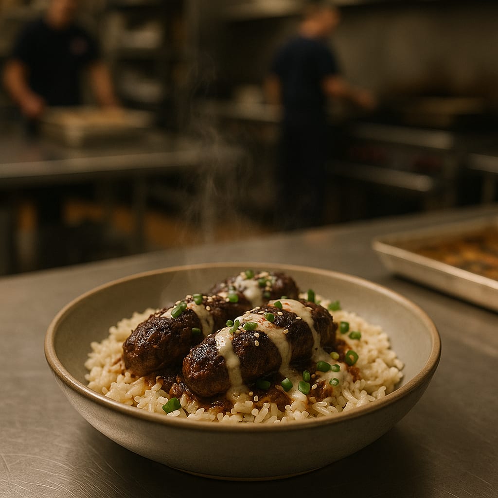 Mediterranean Beef Kofta Bowls — rice, tahini sauce, and green garnish
